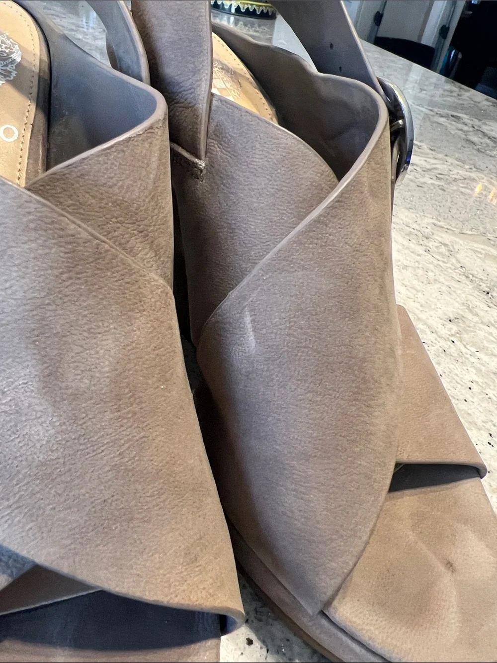 Vince Camuto Iteena Taupe Suede Wedge Sandals Size 7 EUC